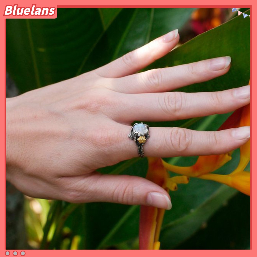 Bluelans Vintage Round Faux Moonstone Inlaid Rose Leaves Women Ring Party Jewelry Decor