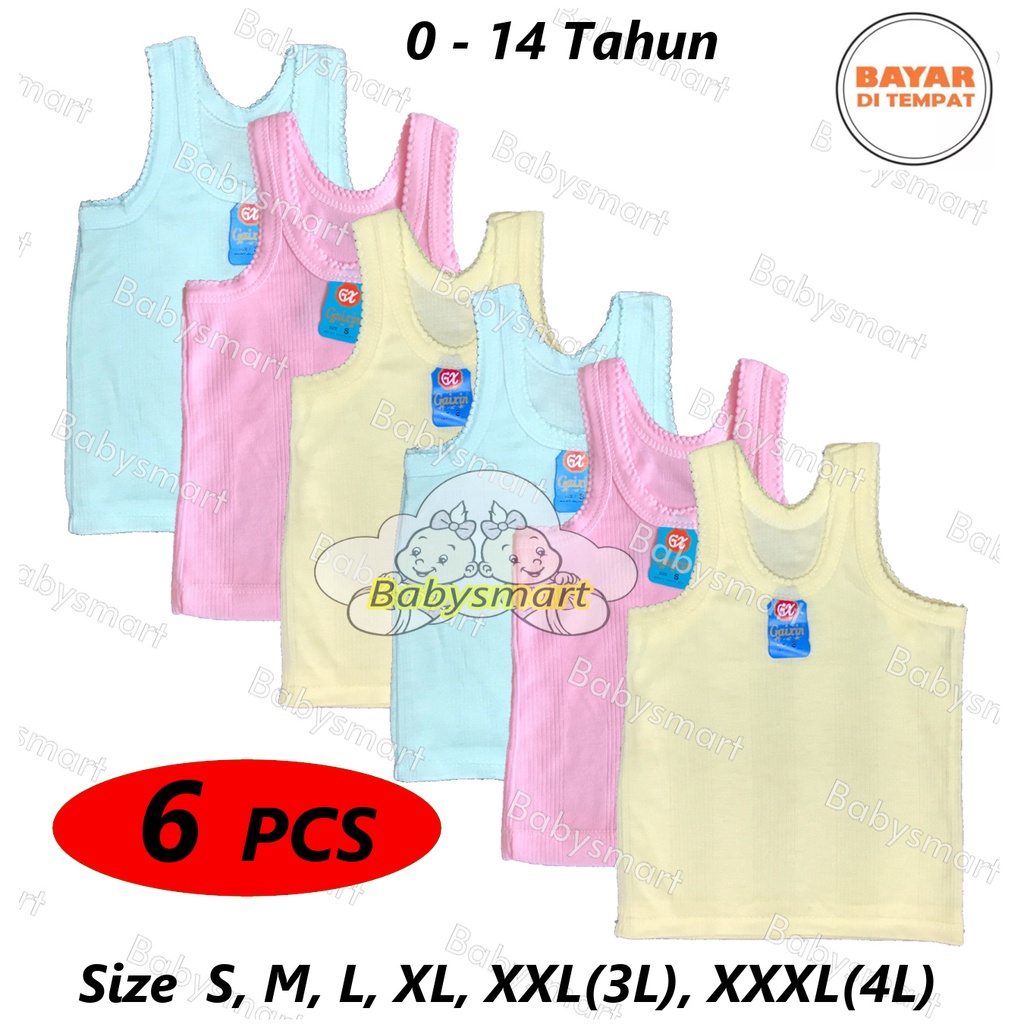 Babysmart - 6 PCS Kaos Dalam / Singlet Bayi/Anak PUTIH/WARNA RIANI/ORIN / singlet bayi new born - 13 Tahun Size S, M, L, XL, 3L, 4L