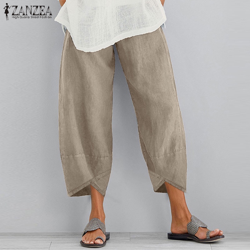 ZANZEA Women Elastic Waist Casual Loose Baggy Pants Harem Pants