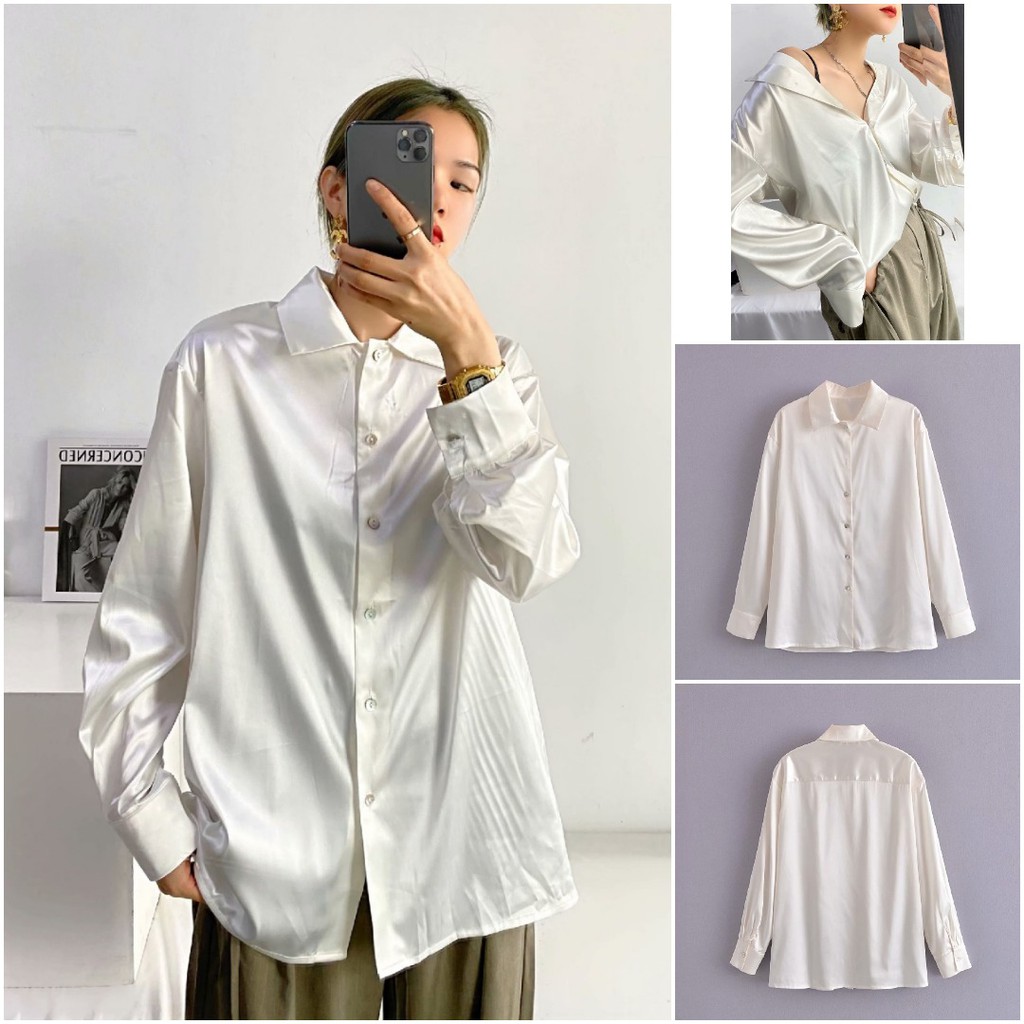 KEMEJA SILKY OVERSIZE WANITA WARNA PUTIH IMPORT PREMIUM 6VEN1501