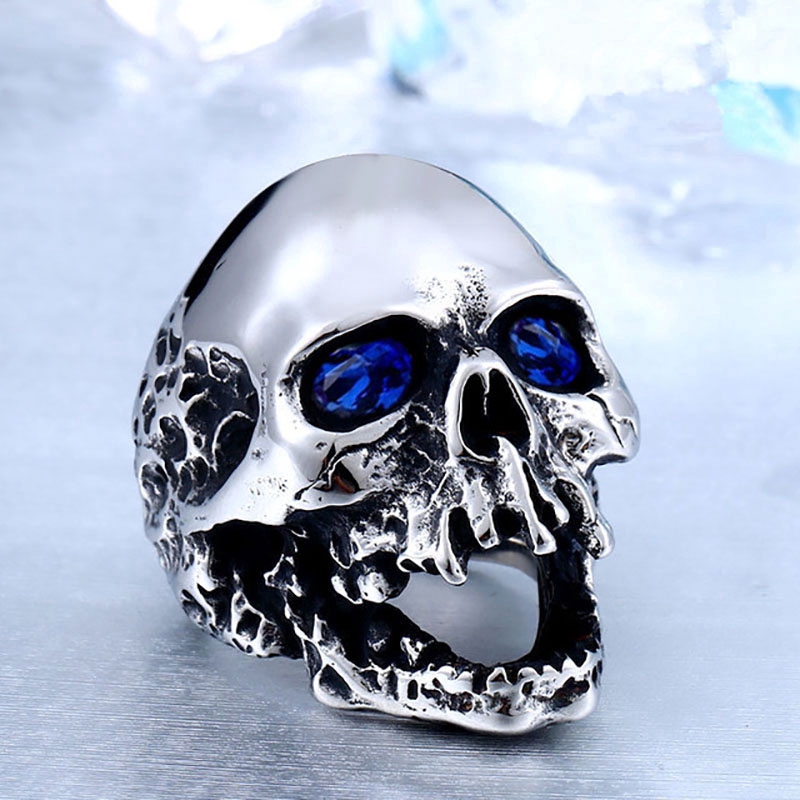 Punk style demon skull inlaid diamond men's titanium steel ring