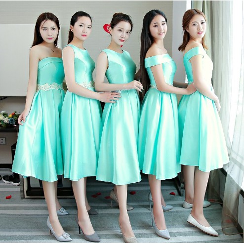 Gaun pengiring pengantin pirus Panjang Satin tanpa lengan putih renda