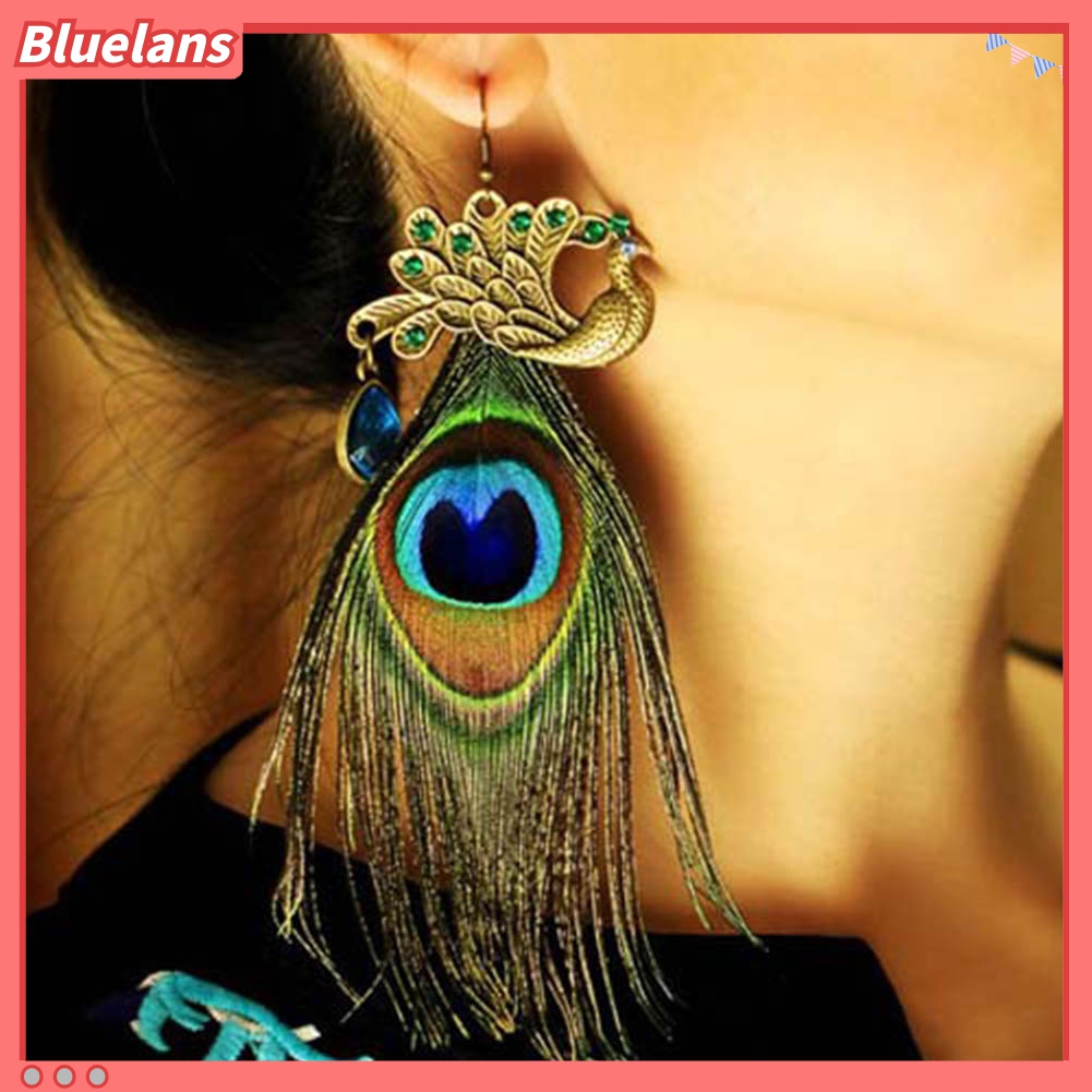 1 Pc Anting Kait Desain Bulu Merak Gaya Bohemian Untuk Wanita