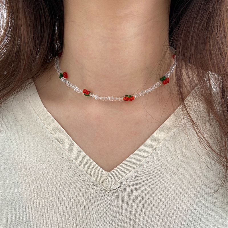 Kalung Choker Manik-Manik Ceri Merah Handmade Gaya Bohemia Untuk Wanita