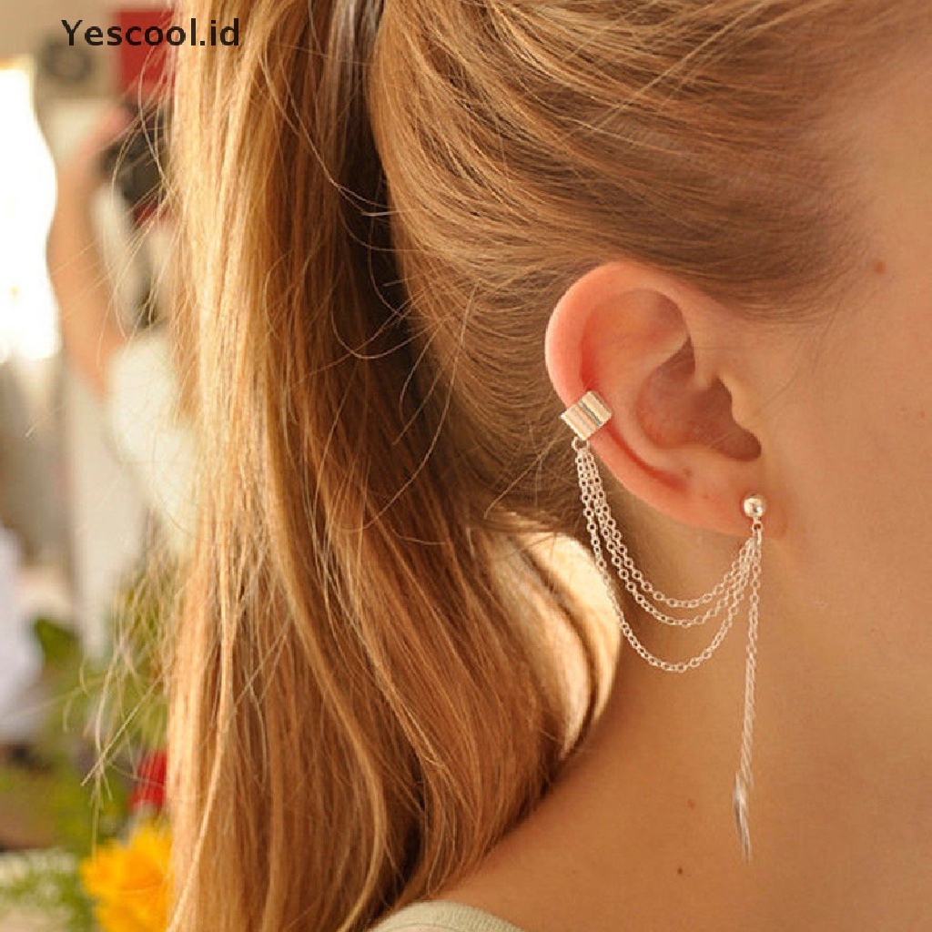 Anting Rantai Rumbai Menjuntai Desain Daun Gaya Punk Rock Untuk Wanita