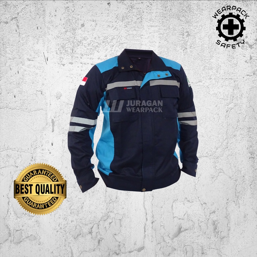 Wearpack Safety Semi Jaket / Baju Kerja Lengan Panjang Warna Biru Toska Kombinasi Biru Navy