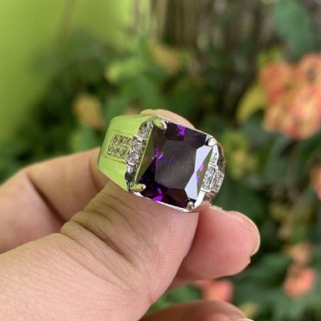 Cincin Pria Perak Kecubung Ungu Ametys Kristal Cutting High Quality Kantoran