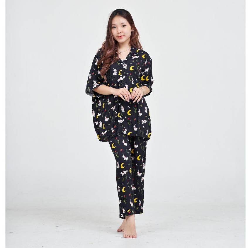 IZANY Piyama CP allsize One Set Rayon Import / Daily Set / Tie dye-RABBIT PITA BLACK