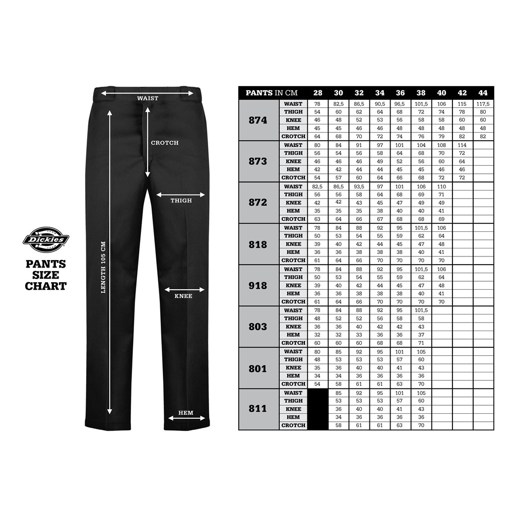 dickies 873 size guide