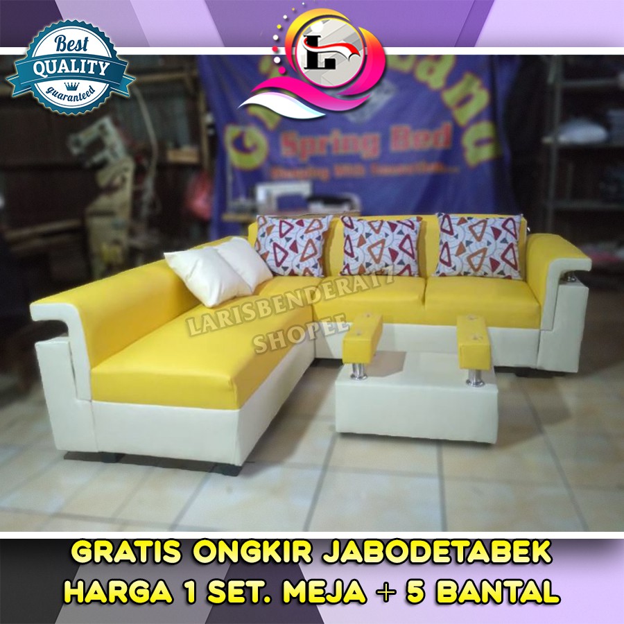 Sofa Ruang Tamu L Minimalis + Meja. Warna Kuning - Bahan Bludru atau Oscar/kulit.