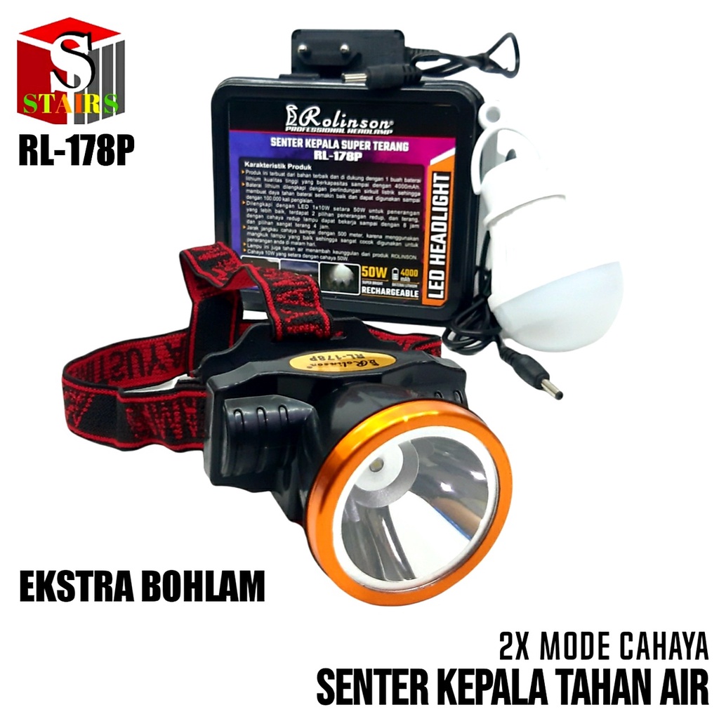 Baru Murah Senter Kepala Berkemah LED Super Terang 50 Watt Cahaya Putih RL-178P