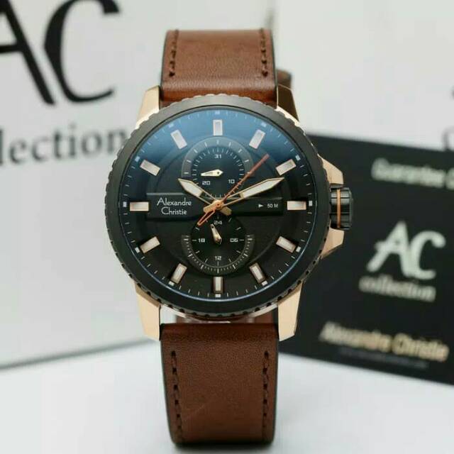 JAM TANGAN PRIA / COWOK ALEXANDRE CHRISTIE ROSE GOLD BLACK TALI KULIT COKLAT - HITAM COKLAT AC 6507