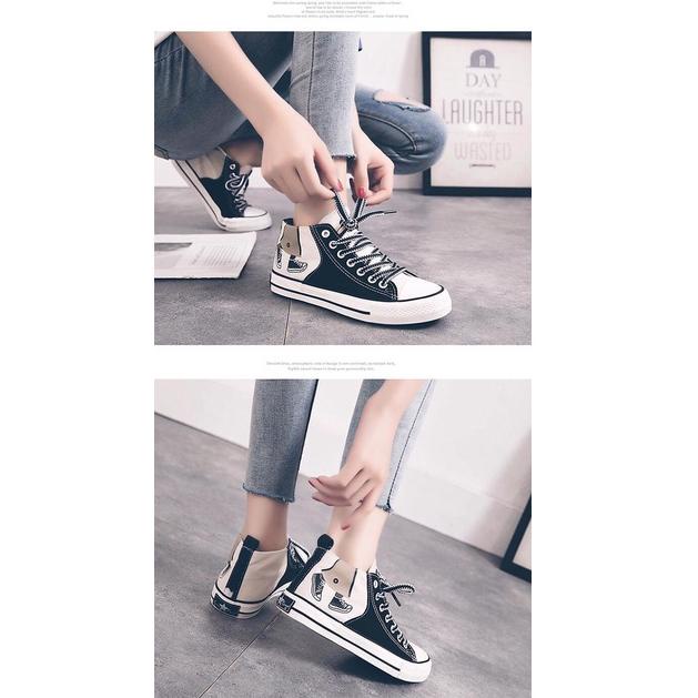 [ PAKAI DUS SEPATU ] Sepatu Tali Wanita Korea Sneakers Kanvas Kekinian Motif Kaki High Trend Fashion
