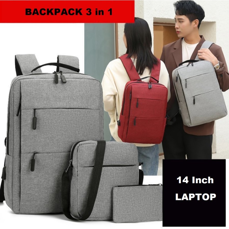 LP B10 Tas Ransel Pria &amp; Wanita Backpack Laptop Model Korea Import Ori USB 3 in 1 13 14 Inchi Leptop Asus Acer Lenovo HP Power Bank Charger Tali Selempang Kantong Pouch Botol Air Minum Besar Warna Hitam Abu Casual Premium Laki Cowok Cewek Perempuan Kasual