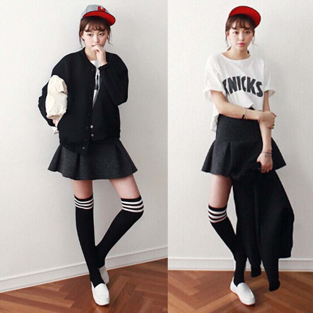 KT-04 Overknee socks kaos kaki panjang sepaha over knee black hitam 3 strip