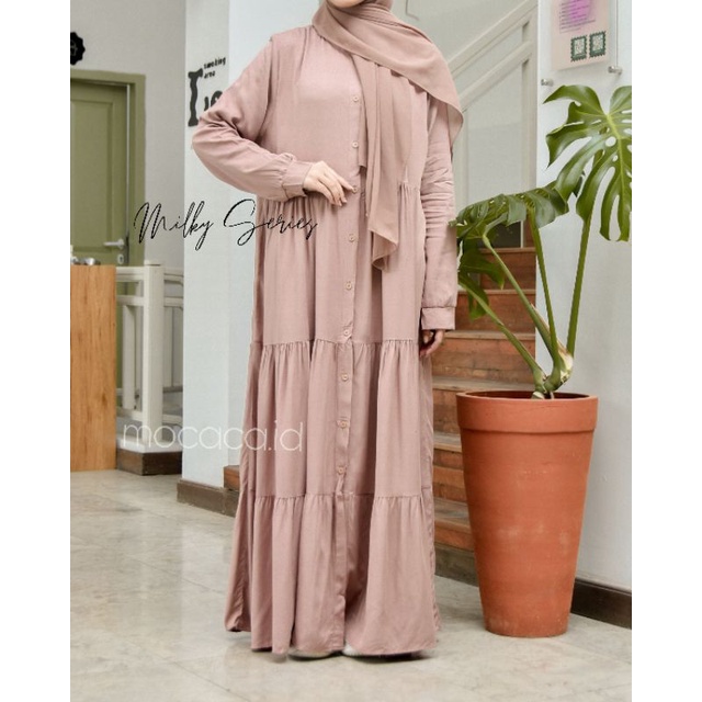 Dress Polo Lady katun Rayon Twill Premium busui wudhu friendly full kancing jumbo cokelat caramel