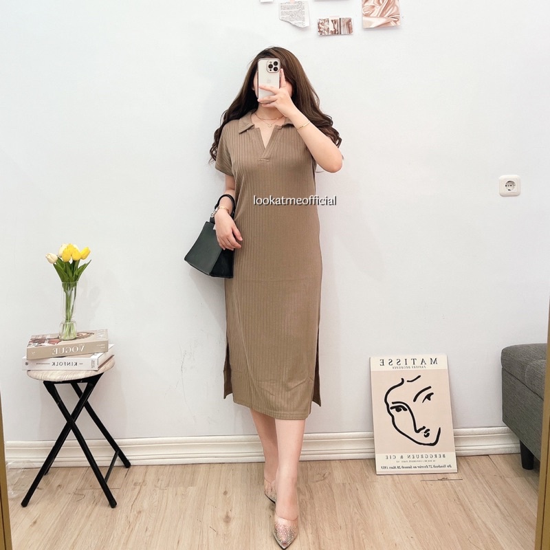 lookatmeofficial • Vivi Midi Knit Dress - Basic Casual Dress Kerah Polo Bahan Knit Premium