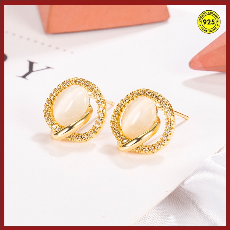 Anting Tusuk Batu Opal Berlian 18K Mewah Ringan Untuk Wanita U942