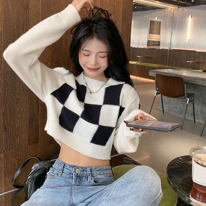 yikoo-Croptop rajut lengan panjang wanita korea sweater atasan