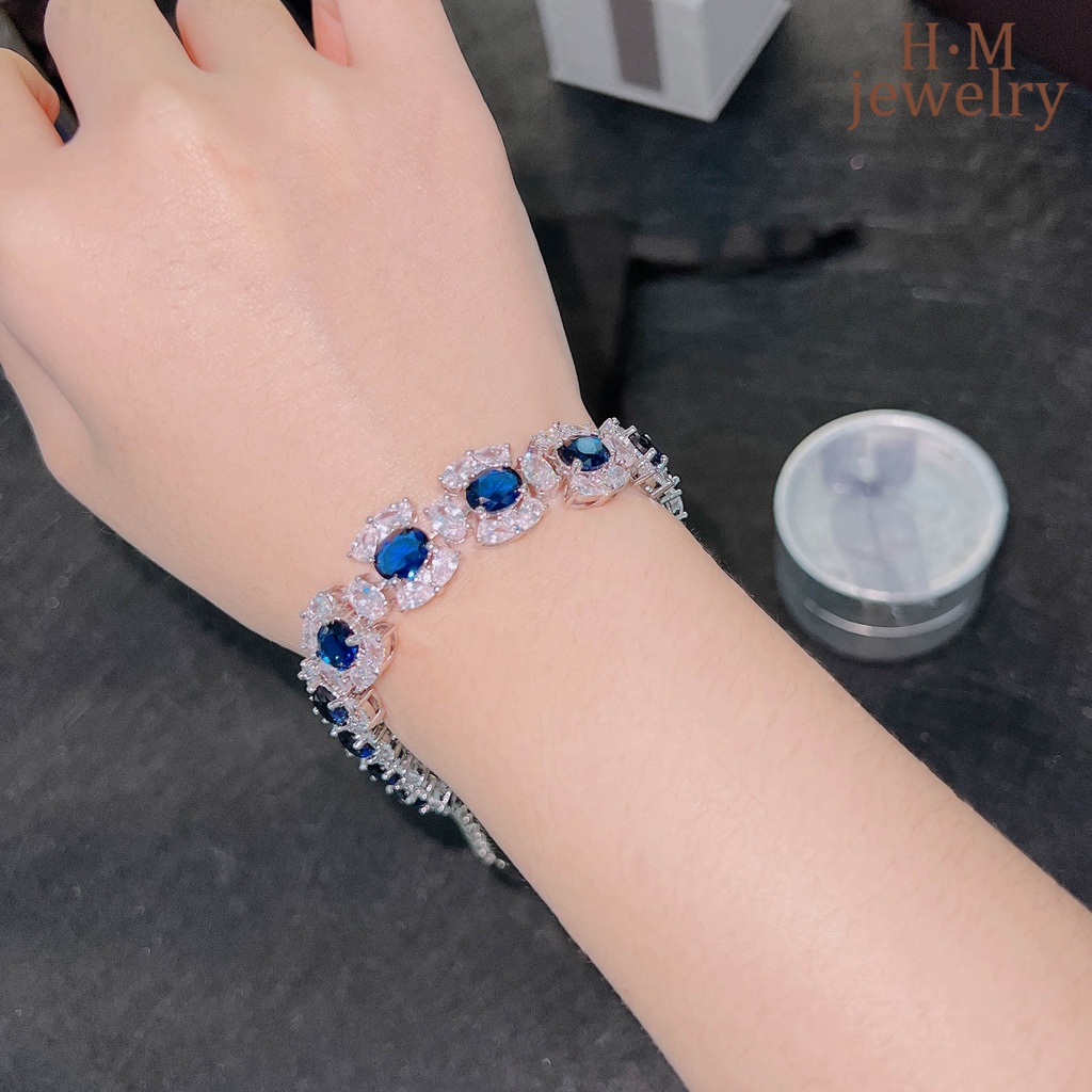 Gelang Tangan Sterling Silver 925 Aksen Batu Sapphire Biru Terang Untuk Wanita