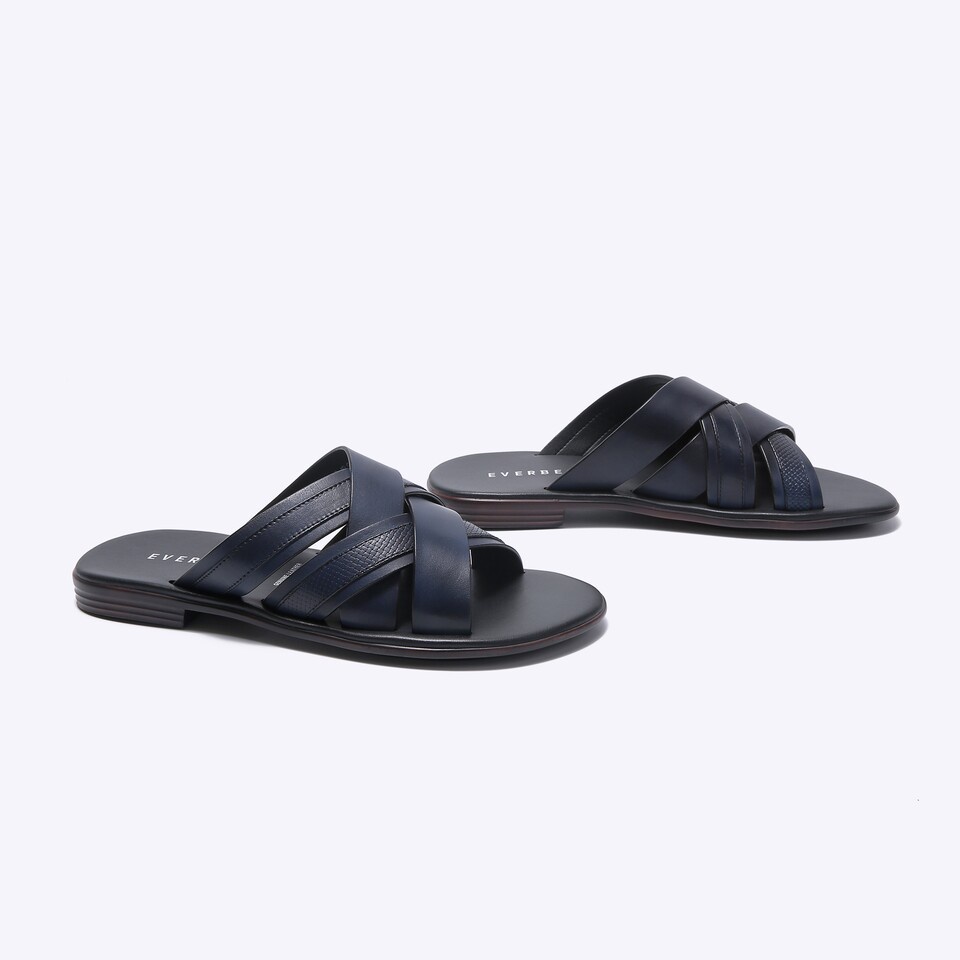 SANDAL SLIDE EVERBEST PRIA ORIGINAL CASUAL KULIT ASLI BIRU NAVY EM43