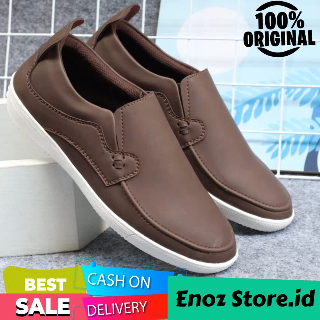 Enoz X Shaka - Sepatu Slip On Pria Original Kulit Synthetic PU Casual Formal Kerja Slop Cowok Branded Ori Distro Kasual Keren Modis Nyaman