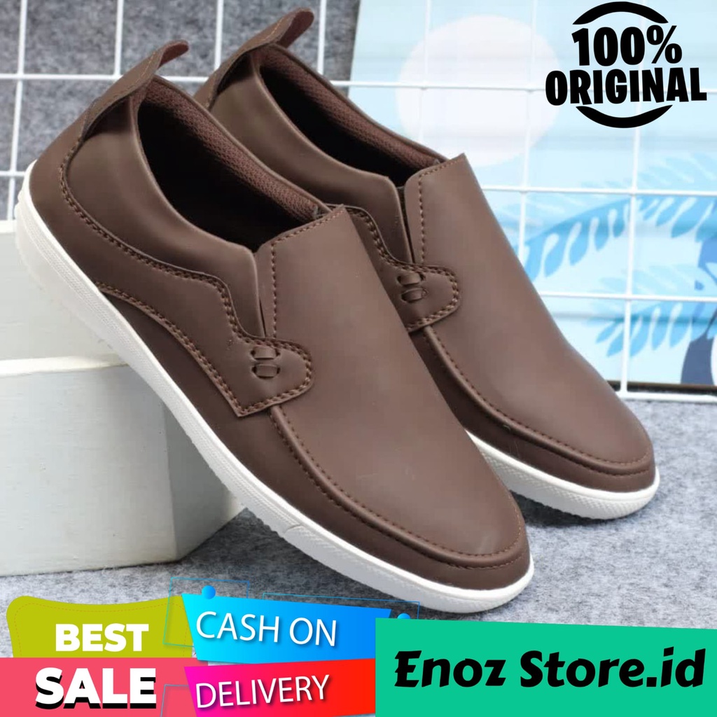 Enoz X Shaka - Sepatu Slip On Pria Original Kulit Synthetic PU Casual Formal Kerja Slop Cowok Branded Ori Distro Kasual Keren Modis Nyaman