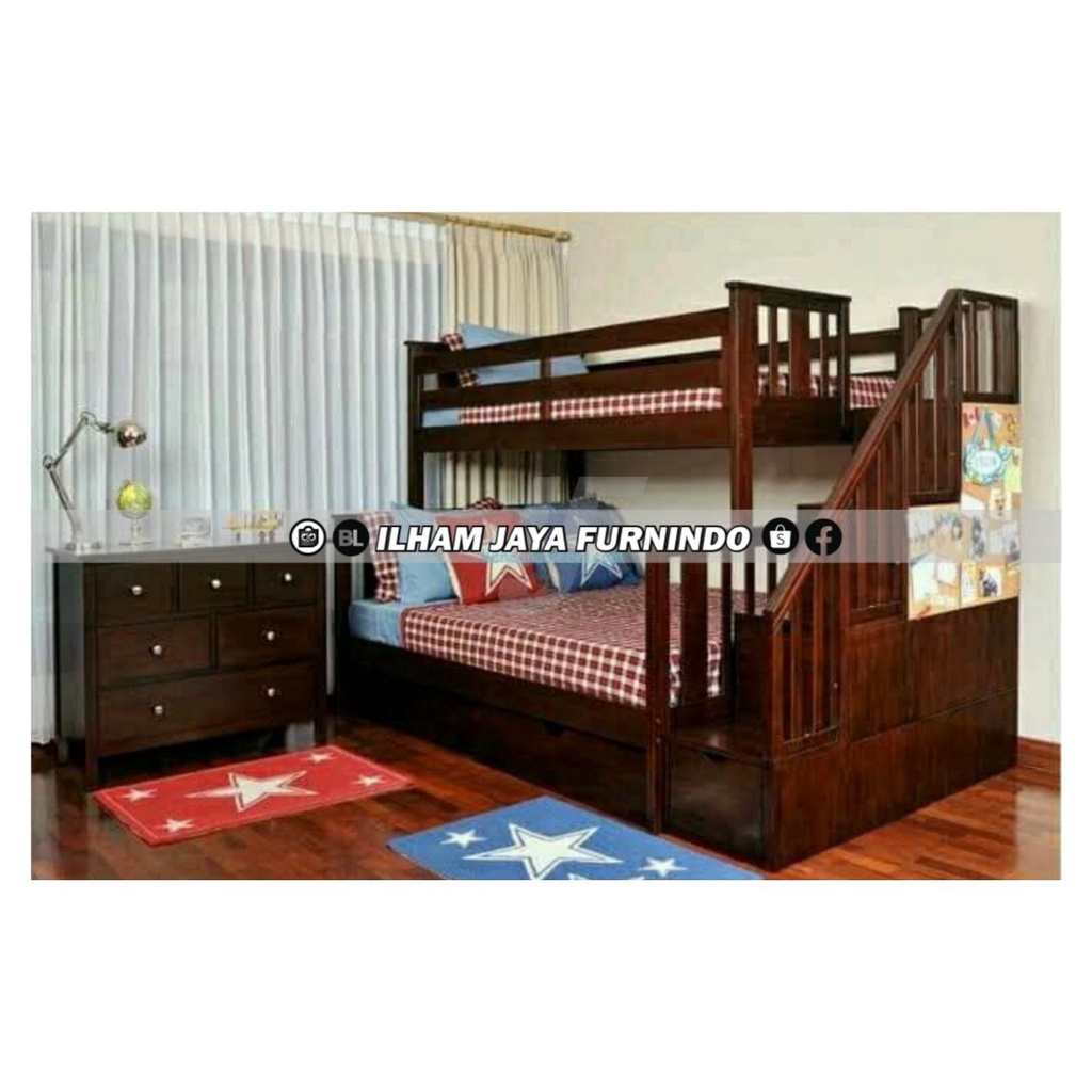 DIPAN TEMPAT TIDUR TINGKAT ANAK JATI NATURAL + KASUR