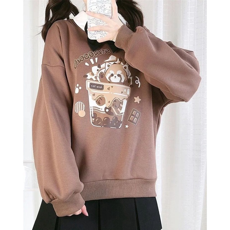 CHOCOLATE CAT WISH Oversize Sweater Crewneck Oblong Wanita Blouse Gaya Casual Korean Style