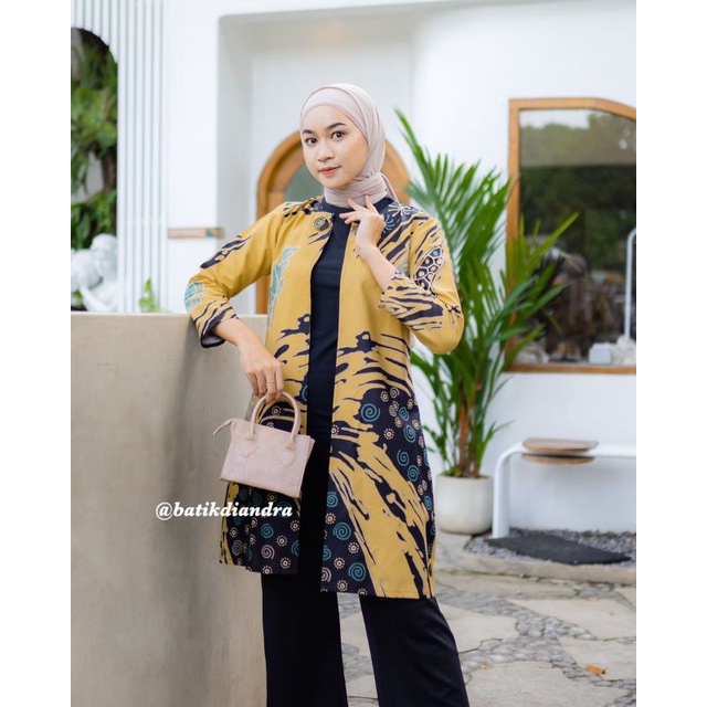 Batik Gamis Atasan Wanita Kekinian Hijab Panjang Modern Couple by Naura Outer Kuning