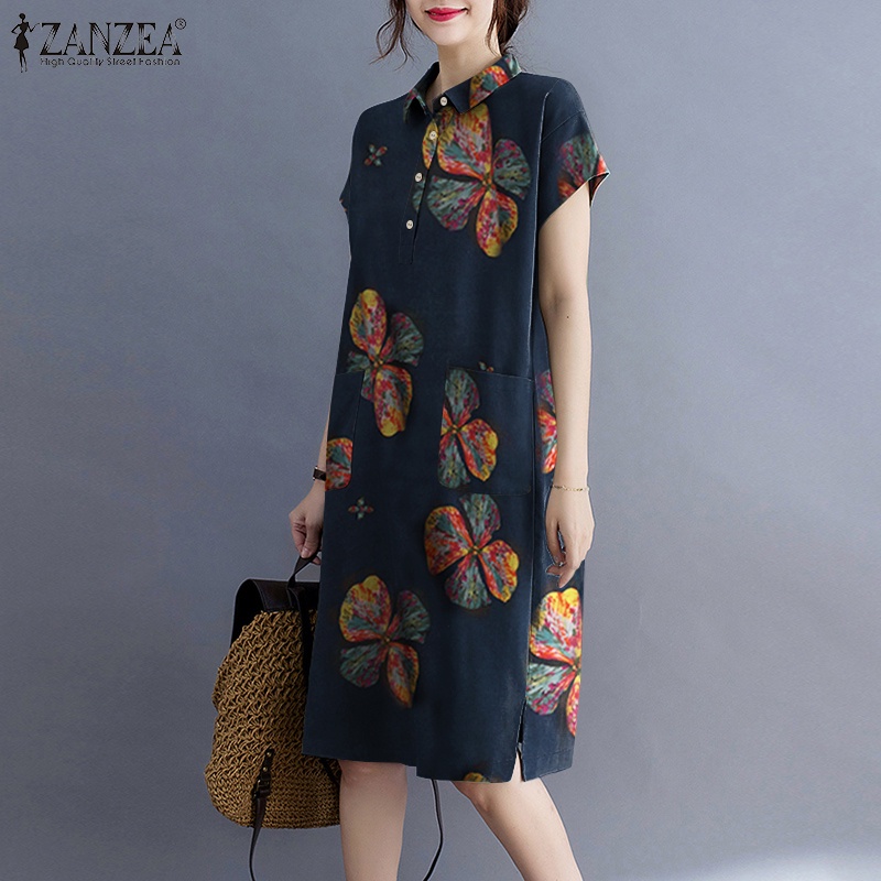 ZANZEA Women Summer Short Sleeved Floral Printed Oversized Holiday Short Dress Loose Dress