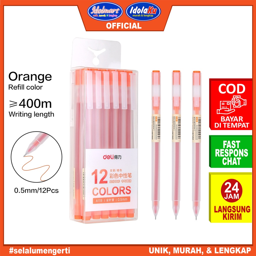 

IDOLMART Deli Pulpen Gel Pen A119 Orange / Tip 0.5mm Panjang Penulisan Hingga 400m /pcs Deli Bandung