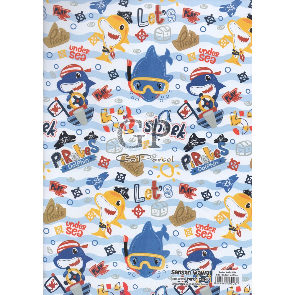 ( 5 Lembar ) SEA ANIMAL SANWA -  KERTAS KADO OCTONOUTS - GIFT WRAP PAPER SANSAN WAWA SHARK SEALIFE NEMO / FISH / IKAN / HIU / OCTOPUS / SEAGUL