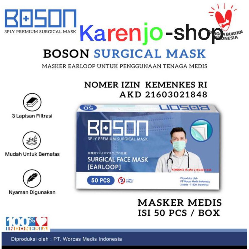 BOSON Surgical Mask Earloop ; Headloop 3 ply - Masker Medis isi 50 Lembar - TOSCA