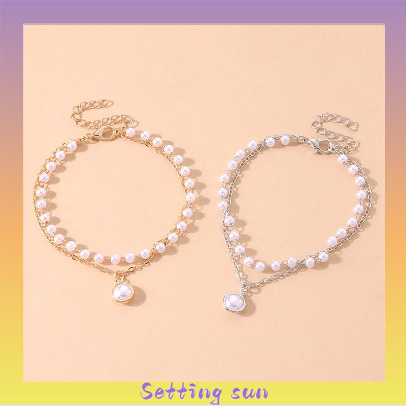 Fashion Korea Wanita Temperamen Manis Gelang Aksesoris Perhiasan Gelang Mutiara Ganda Sederhana TN