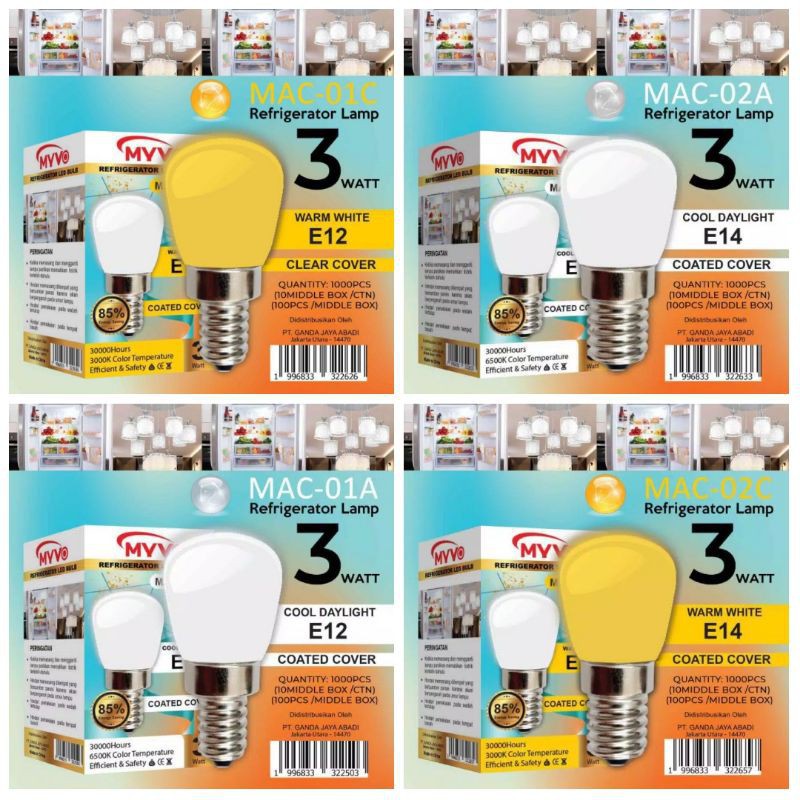 Lampu / balon kulkas led e12  putih dan kuning 3 watt myvo