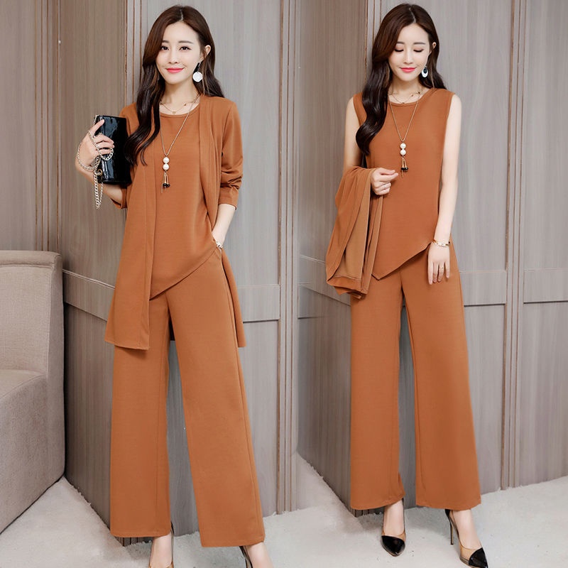 One Set 3Pcs Setelan Wanita Longgar Kasual Katun Jaket Mantel Lengan Panjang + Rompi + Celana Wide Leg Stelan