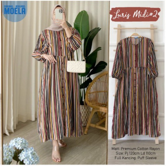 Midi Dress Rayon Premium Motif Kekinian Terbaru Busui Lengan Panjang Murah