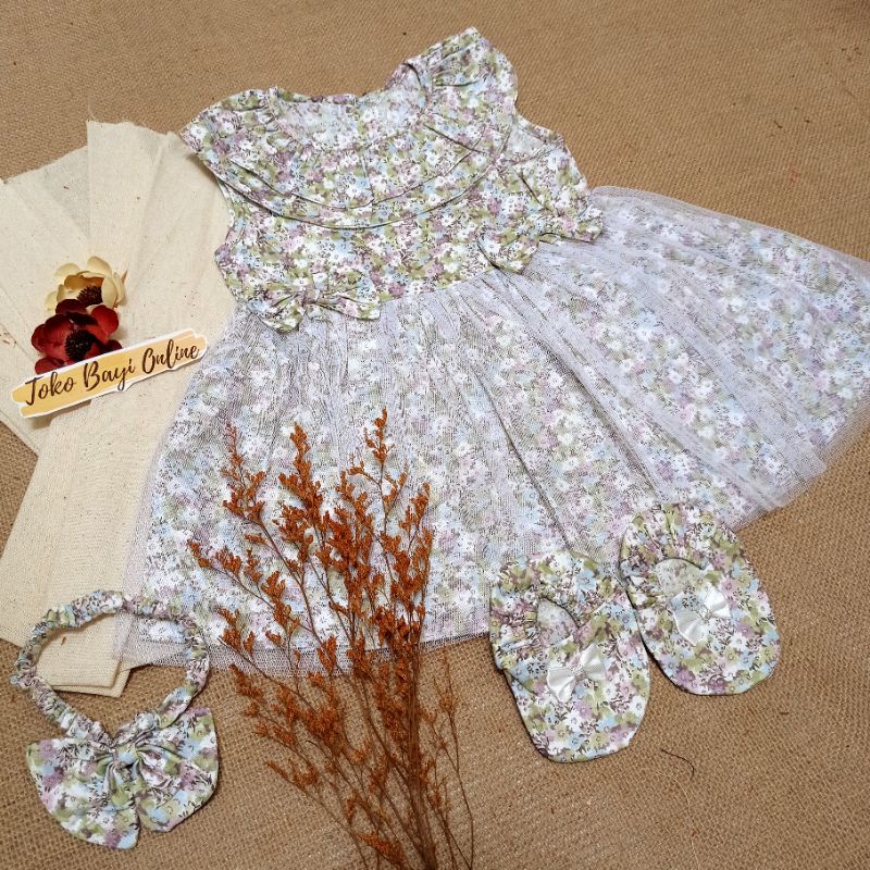 Dress bayi 0 6 12 bulan set sepatu bandana / bonnet Setelan Baju bayi Perempuan 100% Katun SNI Pakaian anak Cewek-5