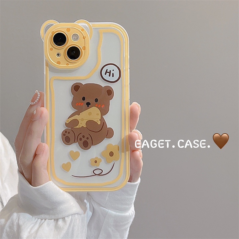 Soft Case Silikon Motif Beruang Keju Untuk Compatible for iPhone 14 13 12 11 Pro Max X Xr Xs Max iPhone 8 7 6 6s Plus SE 2020 Cheese Bear Clear Phone Case Bear Lens All-Inclusive Silicone Shockproof Anti-fall Phone Cover