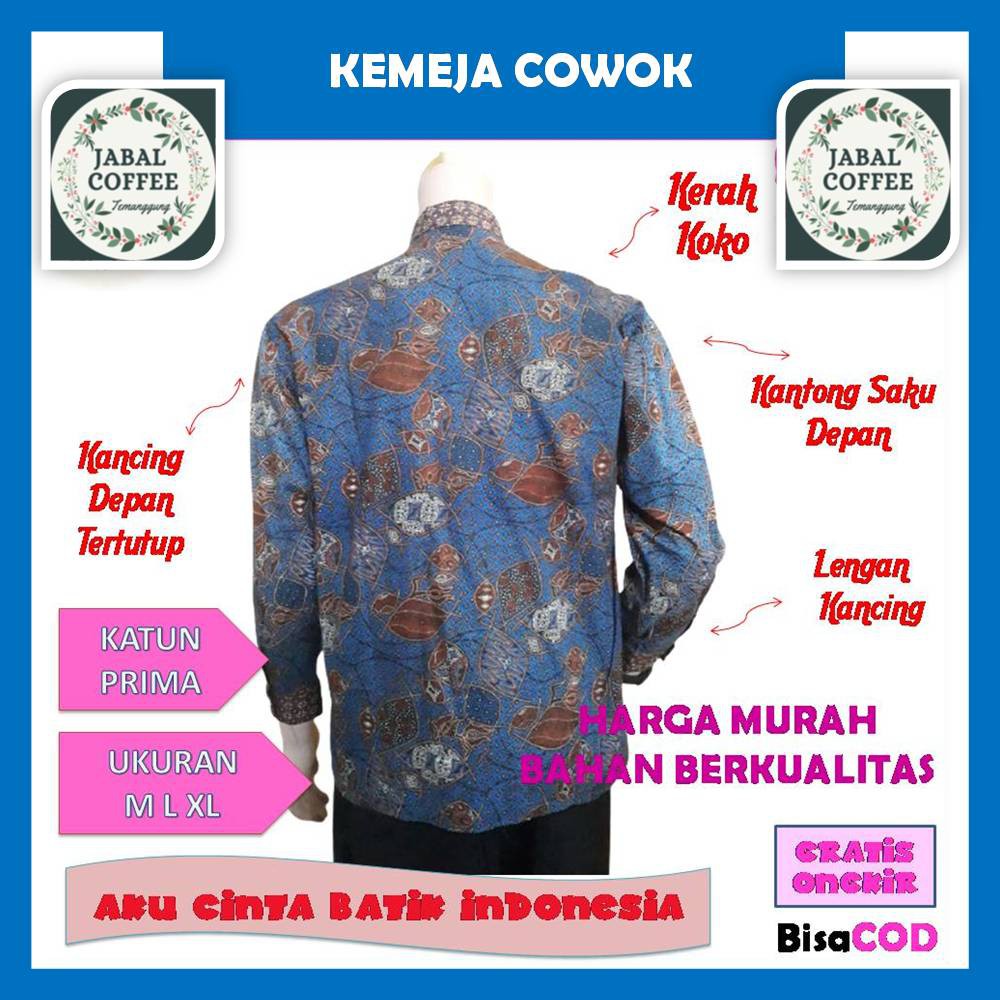 Baju Atasan Batik Katun Prima Pria Dewasa M L XL XXL / Atasan Panjang Pendek Kemeja Hem Batik J22