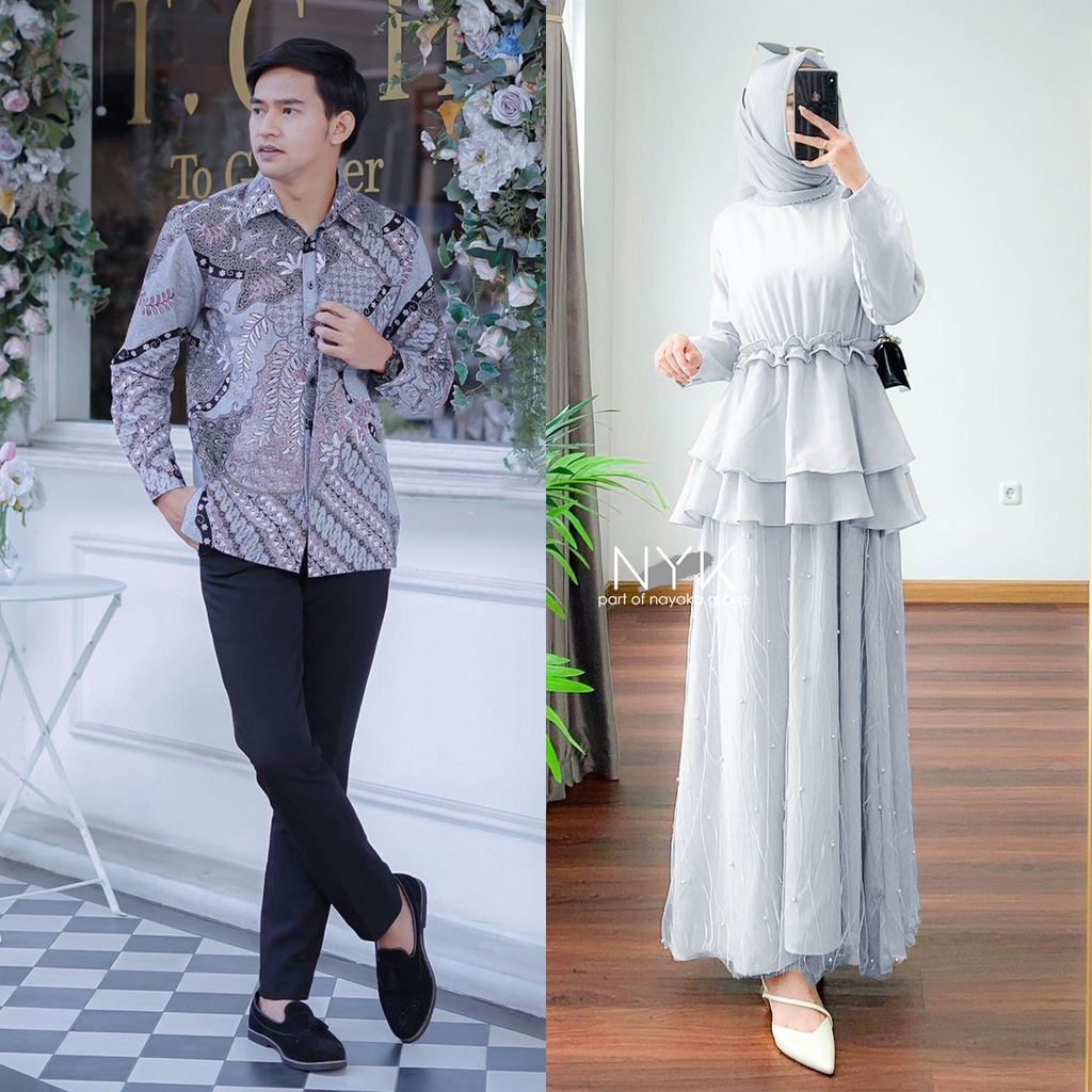 GAMIS COUPLE DRESS KONDANGAN ELAINE TILE MUTIARA - DRESS BRUKAT PESTA MODERN - COUPLE GAMIS MUSLIM LENGAN PANJANG - MAXI DRESS COUPLE LAMARAN