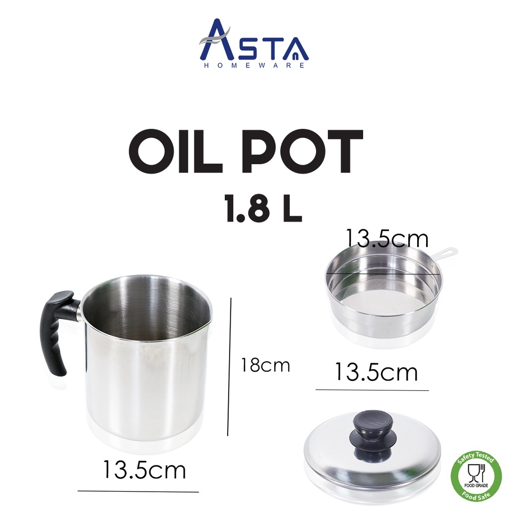 Asta Wadah Saringan Minyak 1.8 Liter / Oil Pot / Saringan Minyak Goreng Jelantah / Wadah Saringan Minyak Goreng Stainless Steel Anti Karat / Wadah Penyaring Minyak Goreng