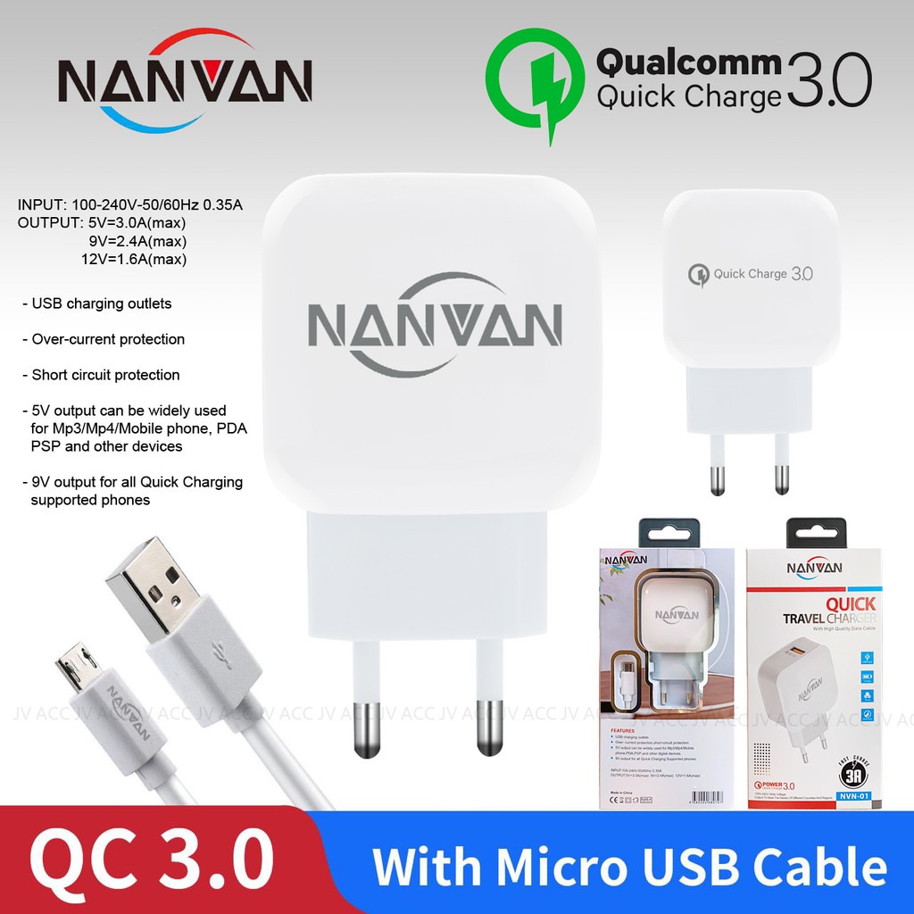 NANVAN QC 3.0 CHARGER FAST CHARGING KABEL DATA MICRO USB PENGECAS ALL TIPE HP