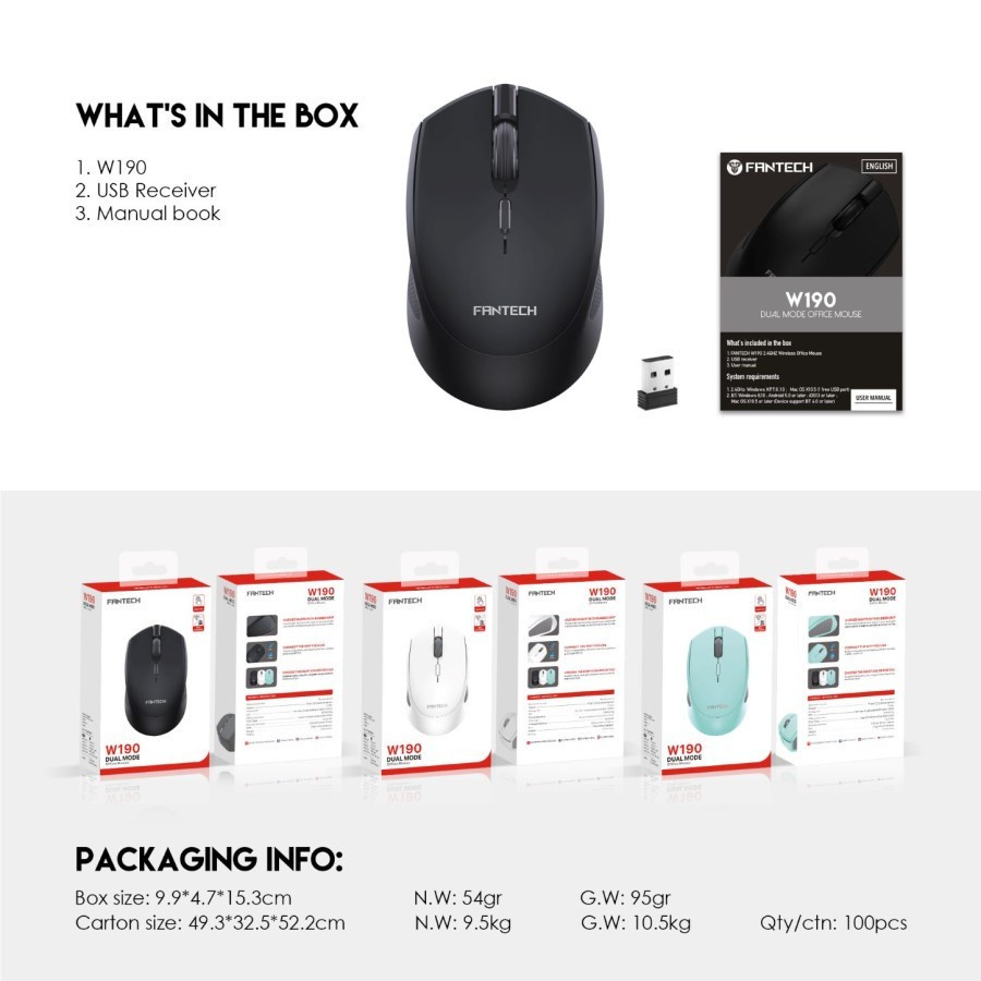 Fantech W190 Wireless Bluetooth Mouse - Dual Connection - Silent Mouse