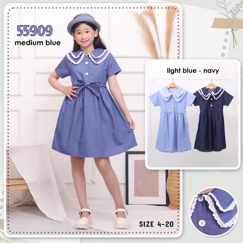 Dress Denim Jeans Kids Catherine #55909 Rok Mini Baju Anak Perempuan Slebew usia 4 5 6 7 8 tahun