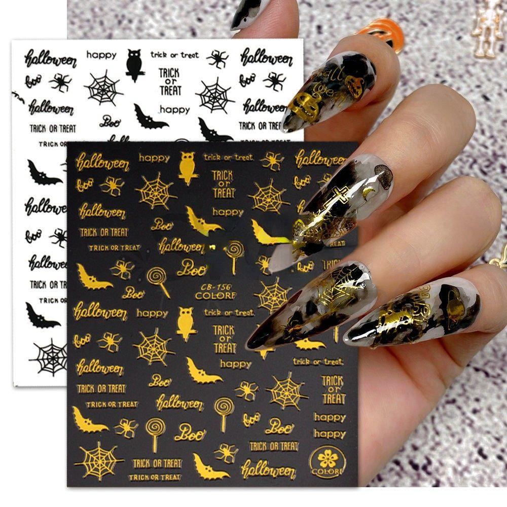 Mxbeauty Halloween Stiker Kuku Set 3D Kelelawar Dekorasi Kuku Labu Kuku Salon Hologram Manicuring Sticker