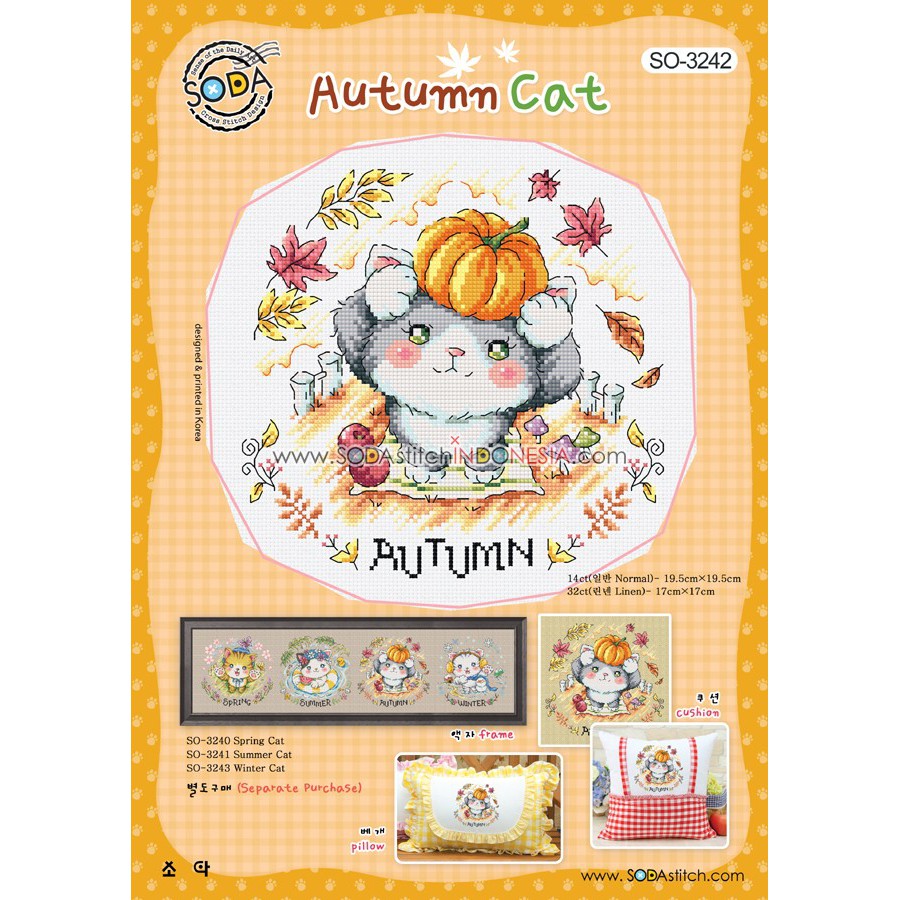 Paket Kristik Strimin Cross Stitch Sodastitch SO-3242 - Autumn Cat Kucing Musim Gugur Fall