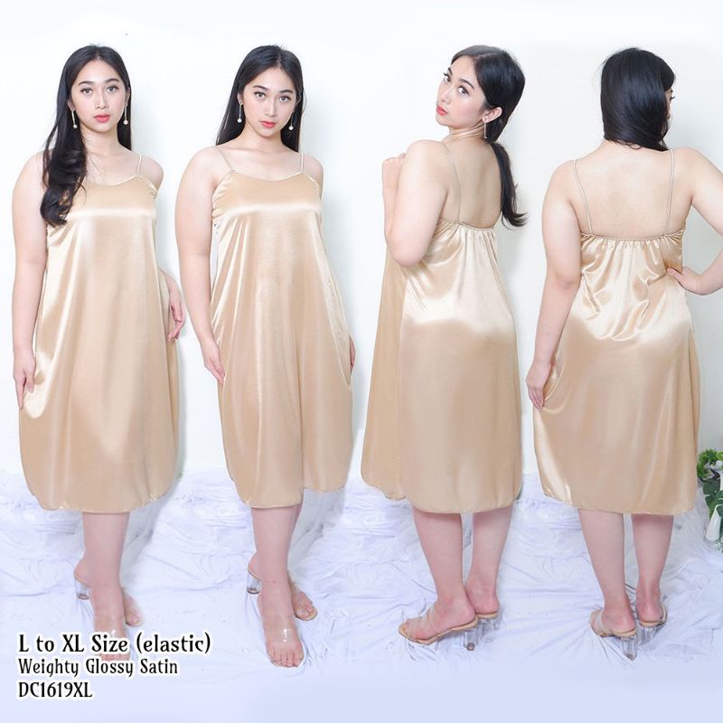 Daster wanita sexy baju tidur bawah lutut big size bigsize jumbo satin light gold 1619LGDR