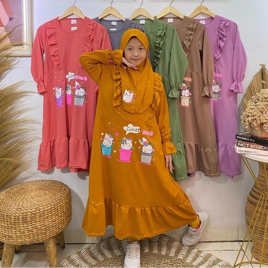 Gamis + hijab anak perempuan motif cutie friends bahan voxy premium merk latin (8-10 tahun)